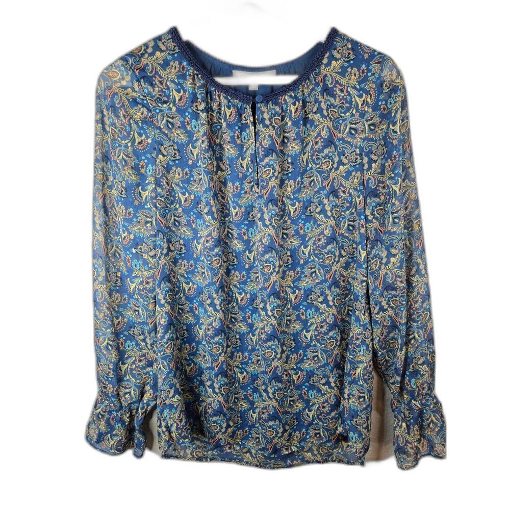 Daniel Rainn Women's Blue Paisley Print Long Sleeve Keyhole Blouse Size Medium